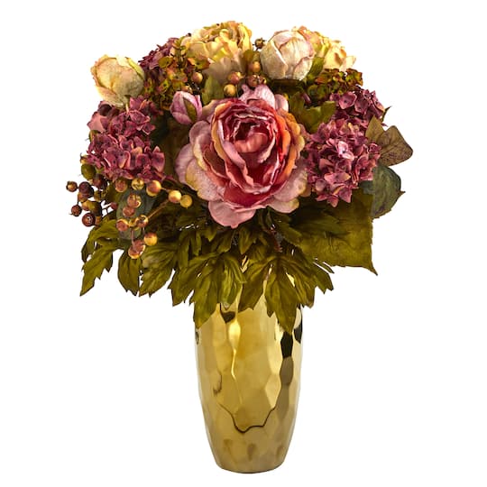19" Peony Arrangement in Gold Vase